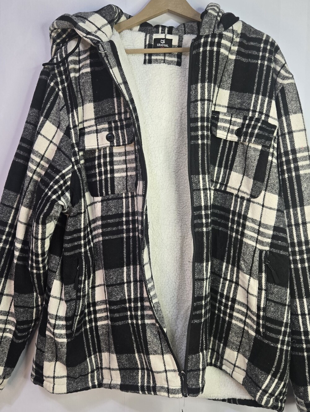 G Gradual Men Size XXL Hooded Zip Up B&W Plaid Flannel Sherpa Lined Jacket, NWT - Picture 4 of 10
